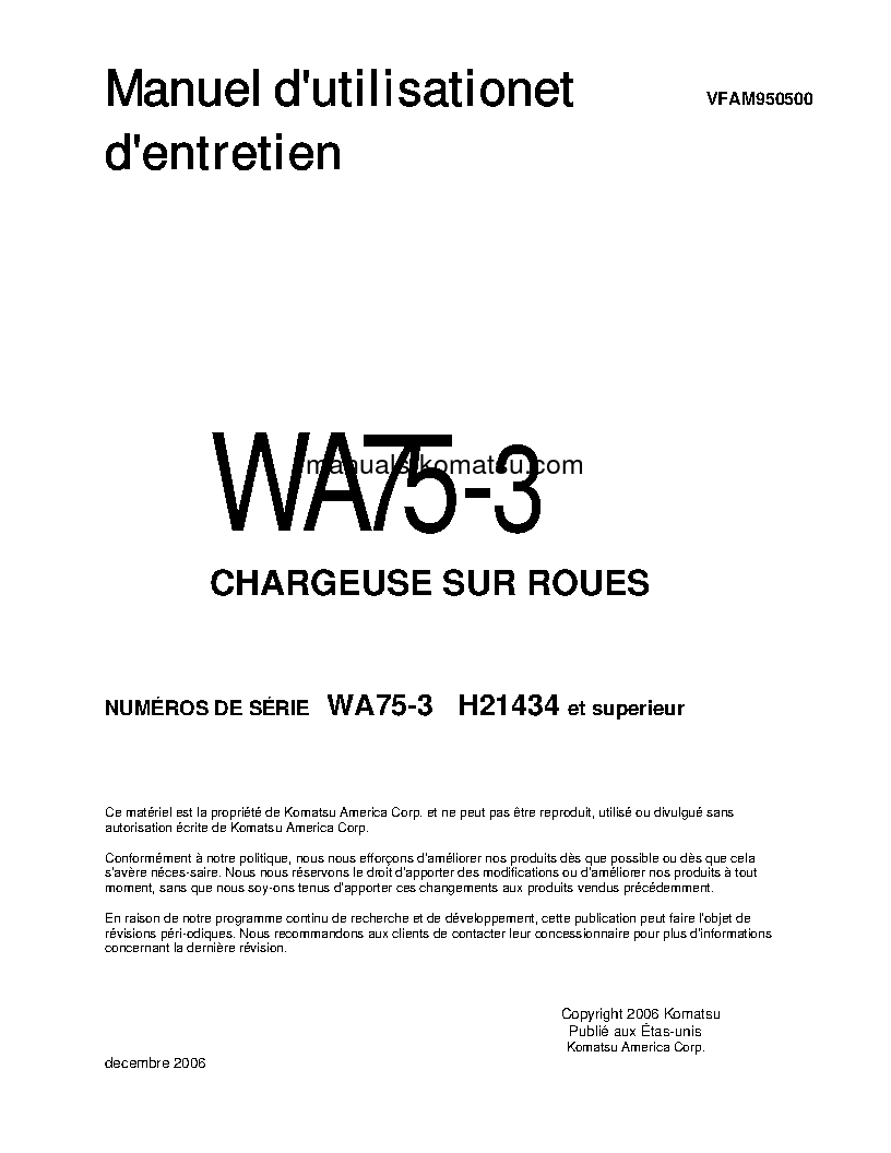 WA75-3(DEU) S/N H21434-UP Operation manual (French)