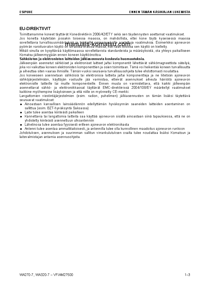 Protected: WA270-7(DEU) S/N H01051-UP Operation manual (Finnish)