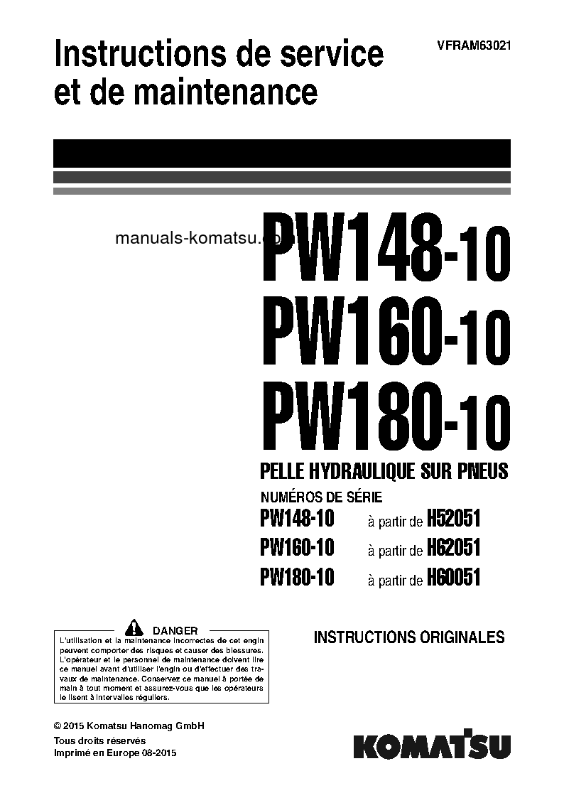 PW160-10(DEU) S/N H62051-UP Operation manual (French)