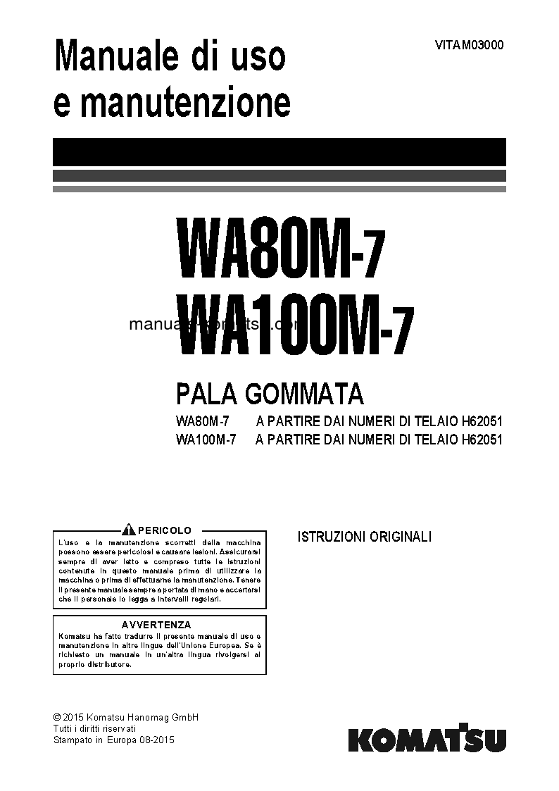 WA80M-7(DEU) S/N H62051-UP Operation manual (Italian)
