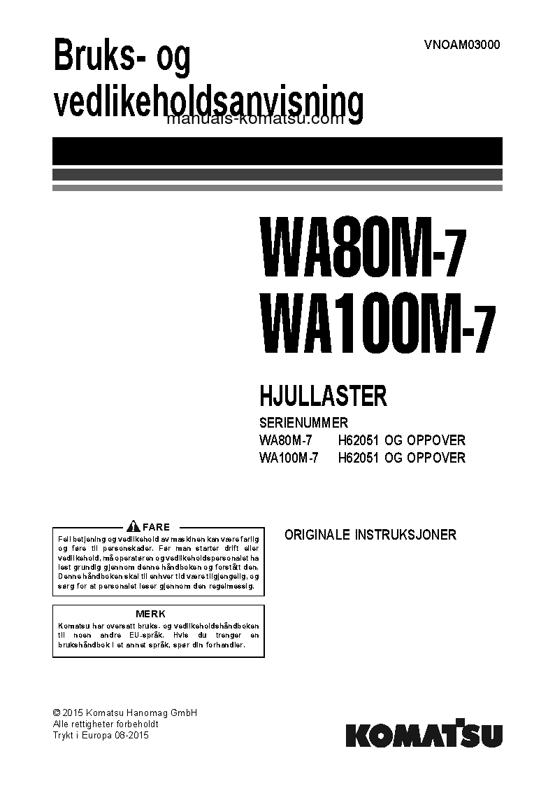 WA80M-7(DEU) S/N H62051-UP Operation manual (Norwegian)