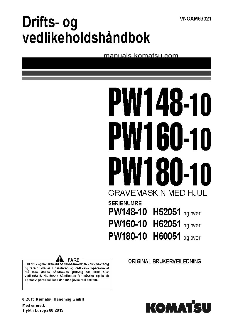 PW160-10(DEU) S/N H62051-UP Operation manual (Norwegian)
