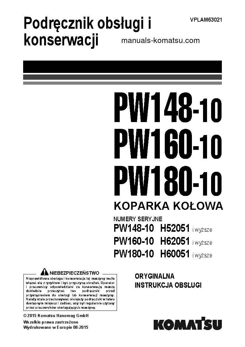 PW160-10(DEU) S/N H62051-UP Operation manual (Polish)
