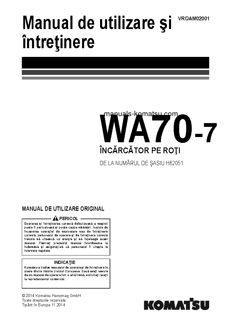 WA70-7(DEU) S/N H62051-UP Operation manual (Romanian)