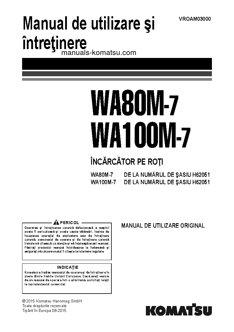 WA80M-7(DEU) S/N H62051-UP Operation manual (Romanian)