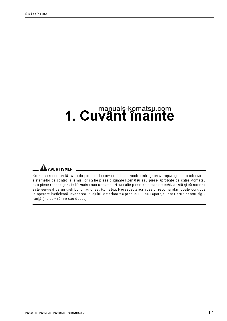 Protected: PW160-10(DEU) S/N H62051-UP Operation manual (Romanian)