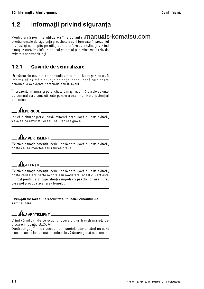 Protected: PW160-10(DEU) S/N H62051-UP Operation manual (Romanian)
