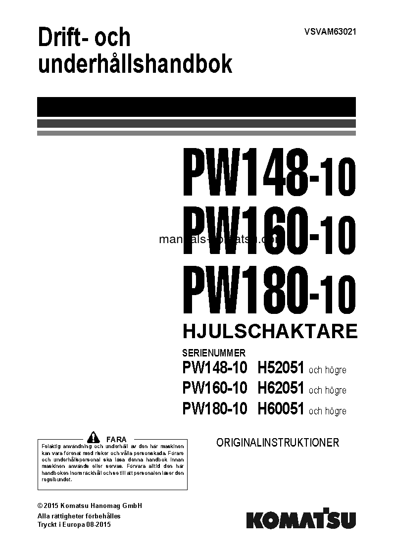 PW160-10(DEU) S/N H62051-UP Operation manual (Swedish)