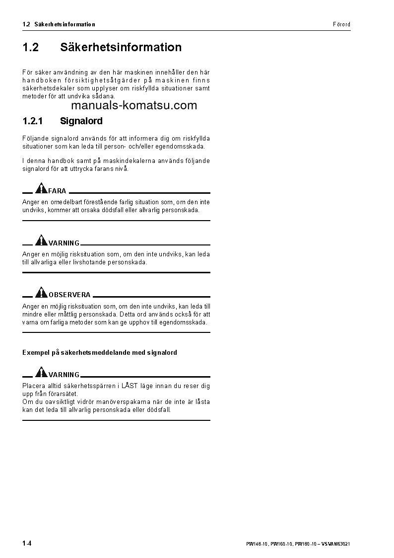 Protected: PW160-10(DEU) S/N H62051-UP Operation manual (Swedish)