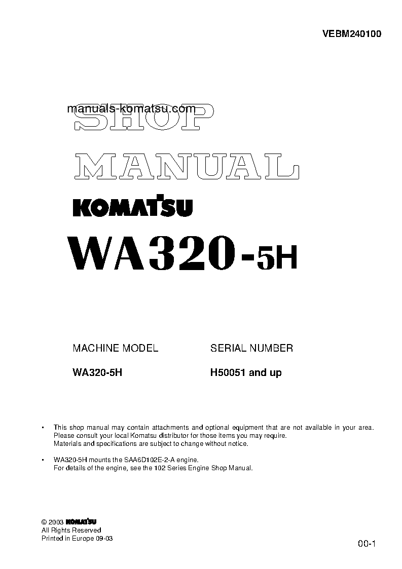 WA320-5(DEU)-H S/N H50051-UP Shop (repair) manual (English)