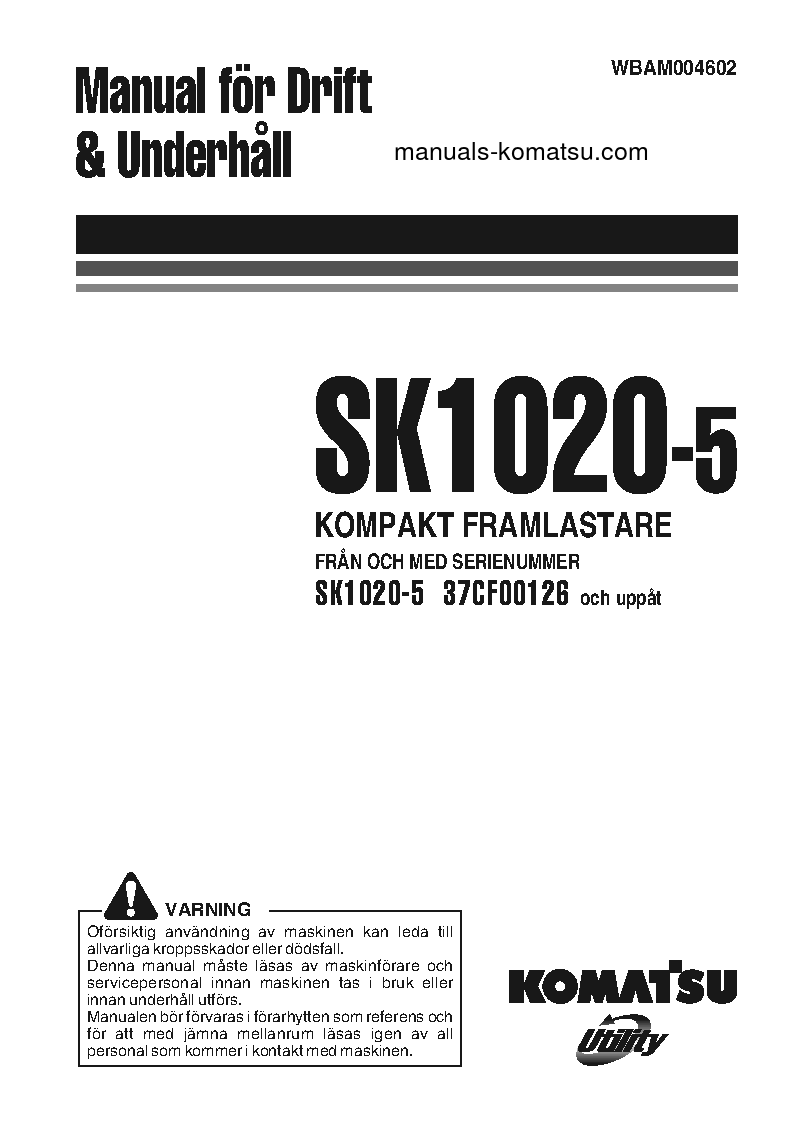 SK1020-5(ITA) S/N 37CF00126-37CF00137 Operation manual (Swedish)
