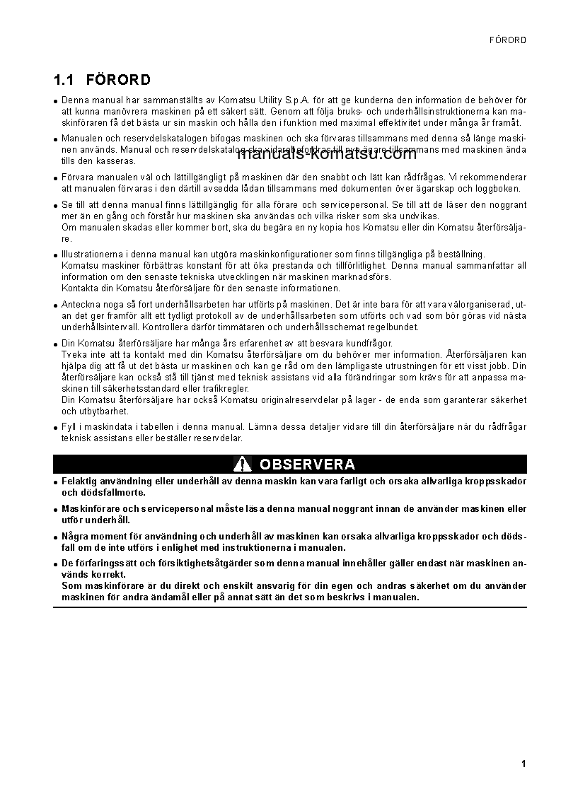 SK1020-5(ITA) S/N 37CF80018-UP Operation manual (Swedish)