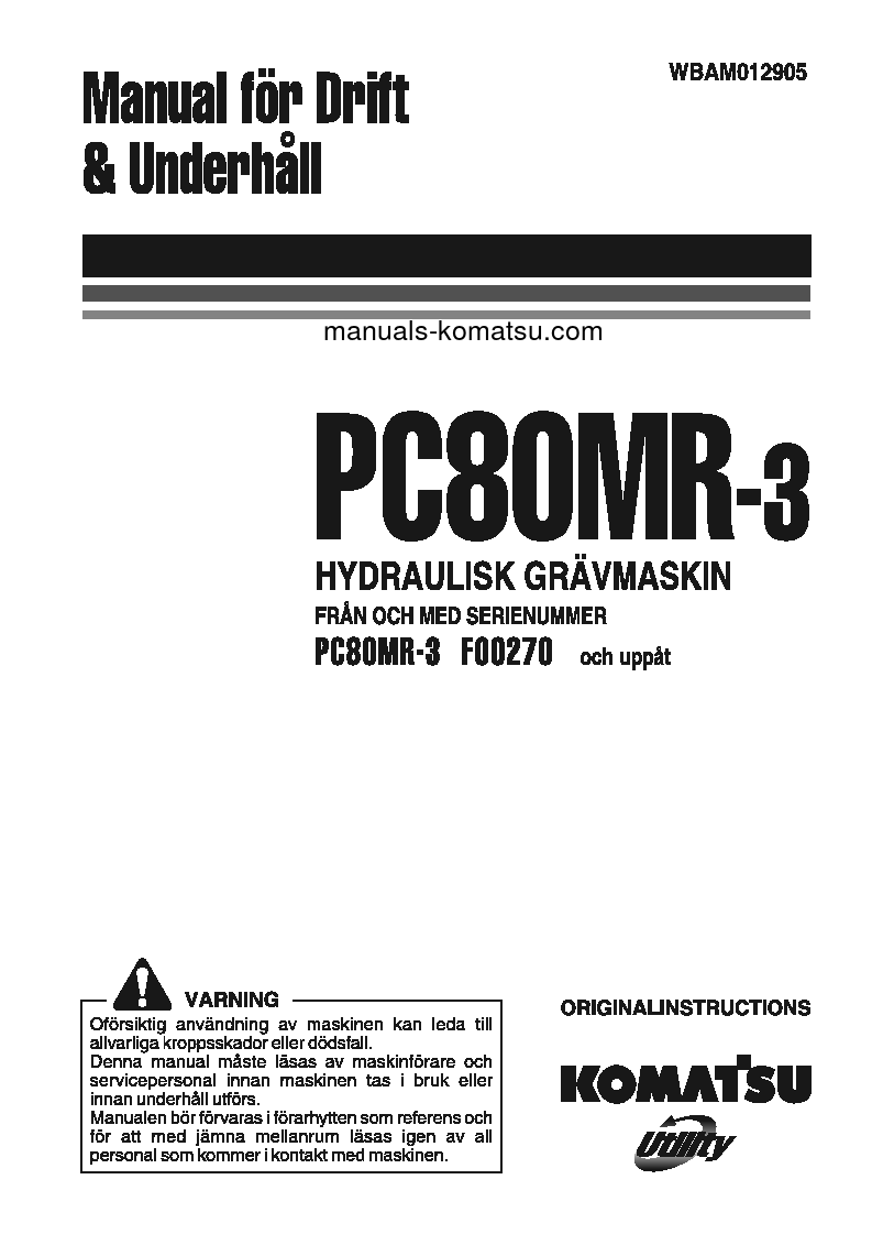 PC80MR-3(ITA) S/N F00270-UP Operation manual (Swedish)