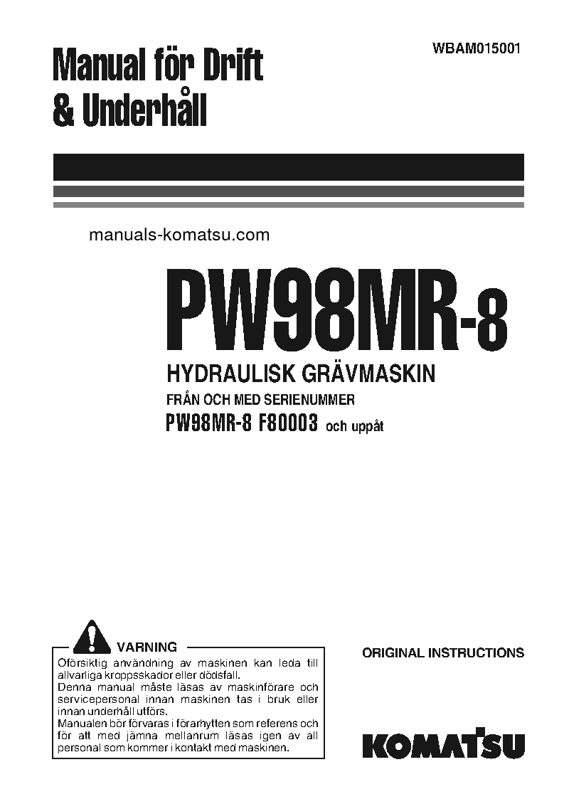 PW98MR-8(ITA) S/N F80003-UP Operation manual (Swedish)
