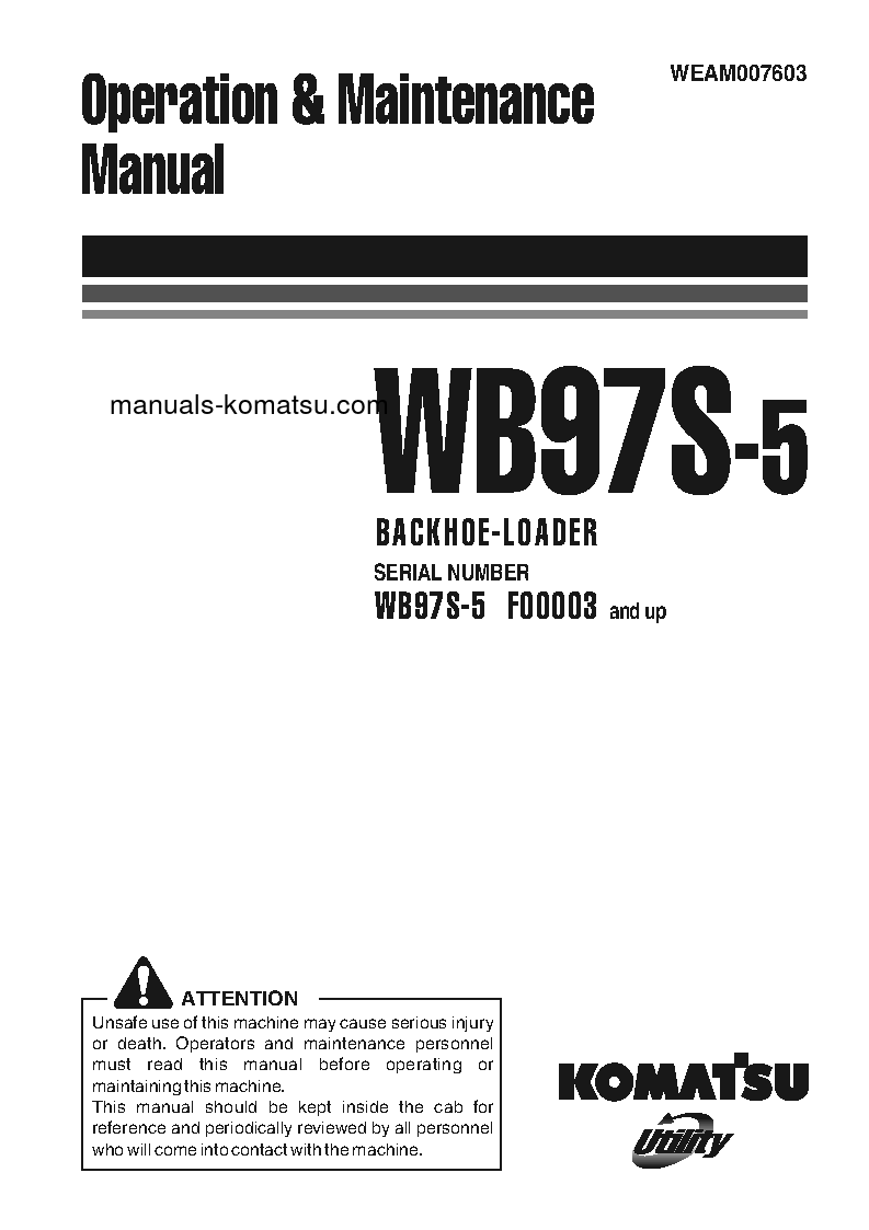 WB97S-5(ITA) S/N F00003-F00066 Operation manual (English)