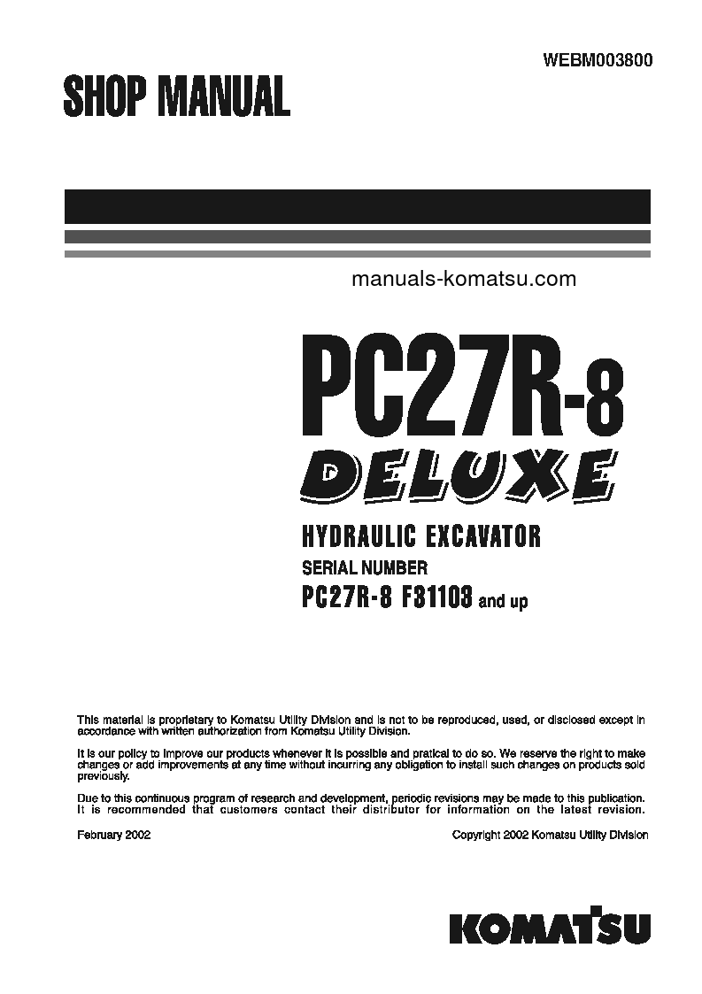 PC27R-8(JPN) S/N F31103-UP Shop (repair) manual (English)