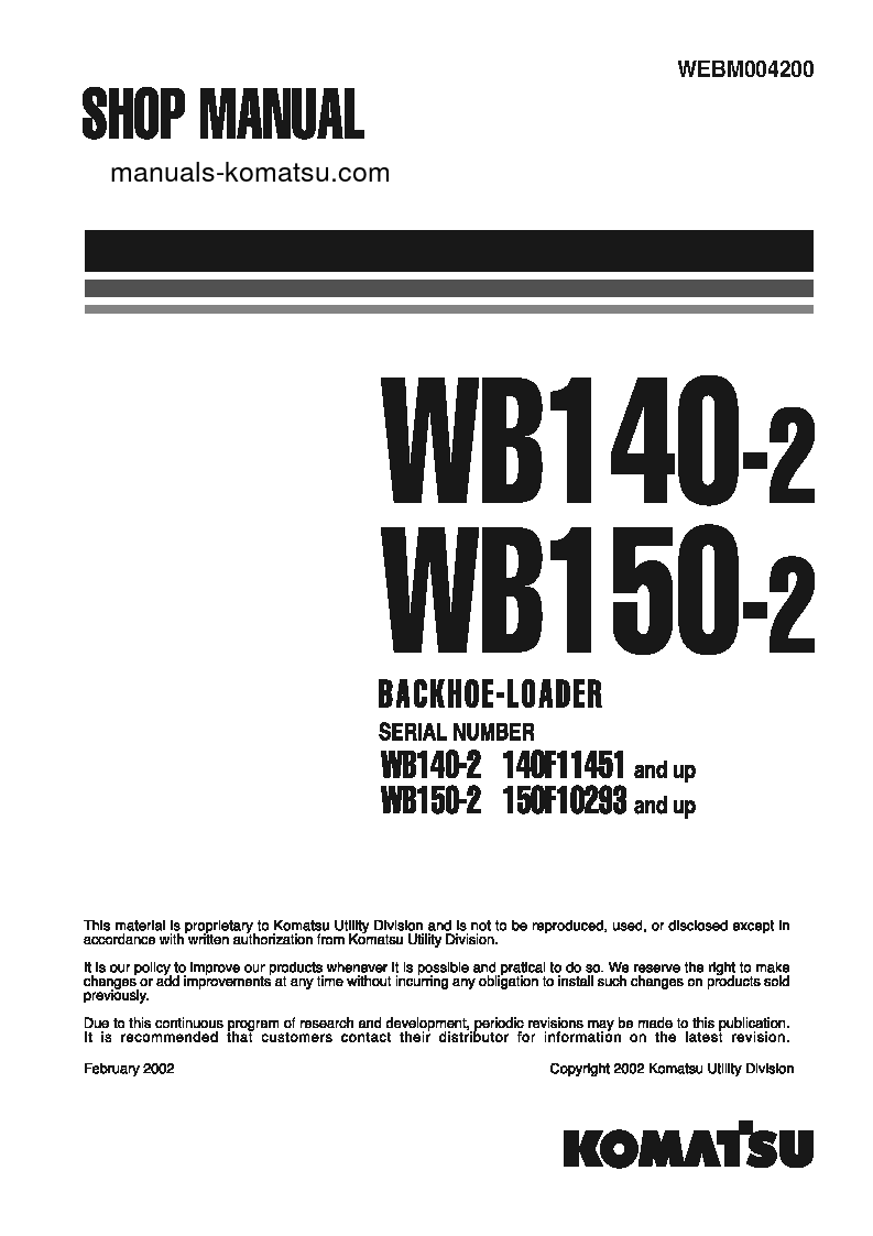 WB140-2(ITA) S/N 140F11451-14011530 Shop (repair) manual (English)