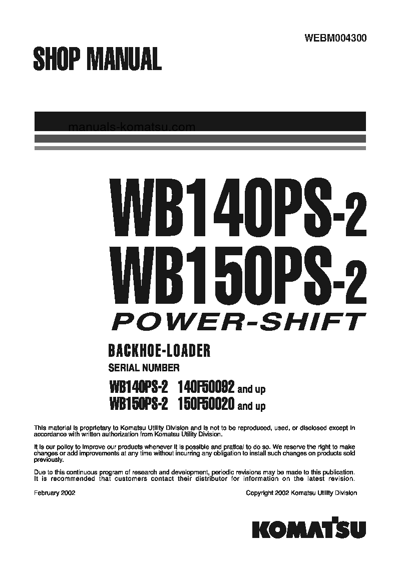 WB140PS-2(ITA) S/N 140F50092-140F50097 Shop (repair) manual (English)