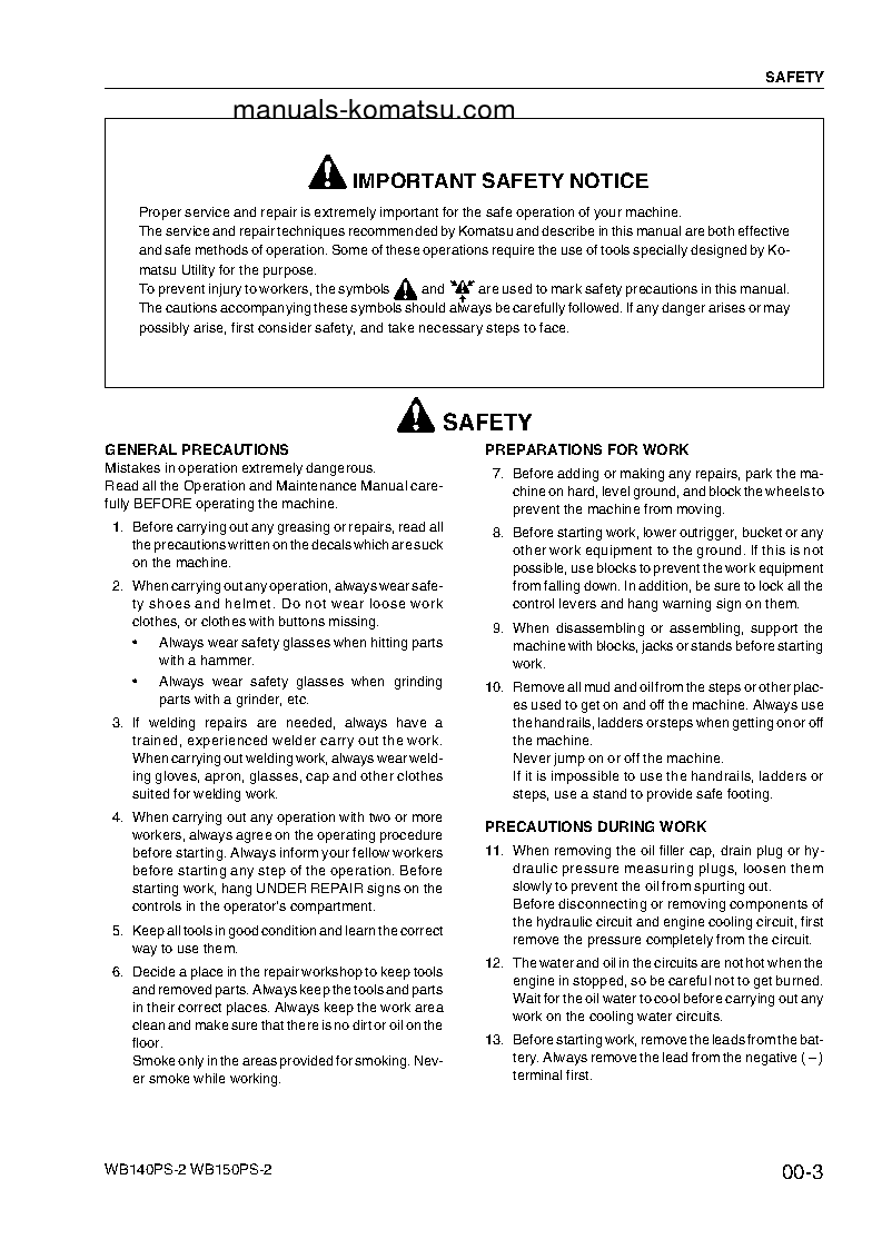 Protected: WB140PS-2(ITA) S/N 140F50092-140F50097 Shop (repair) manual (English)