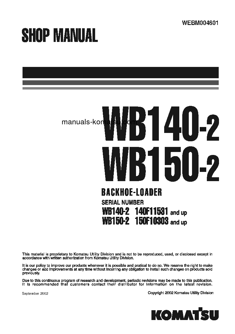 WB140-2(ITA) S/N 140F11531-UP Shop (repair) manual (English)
