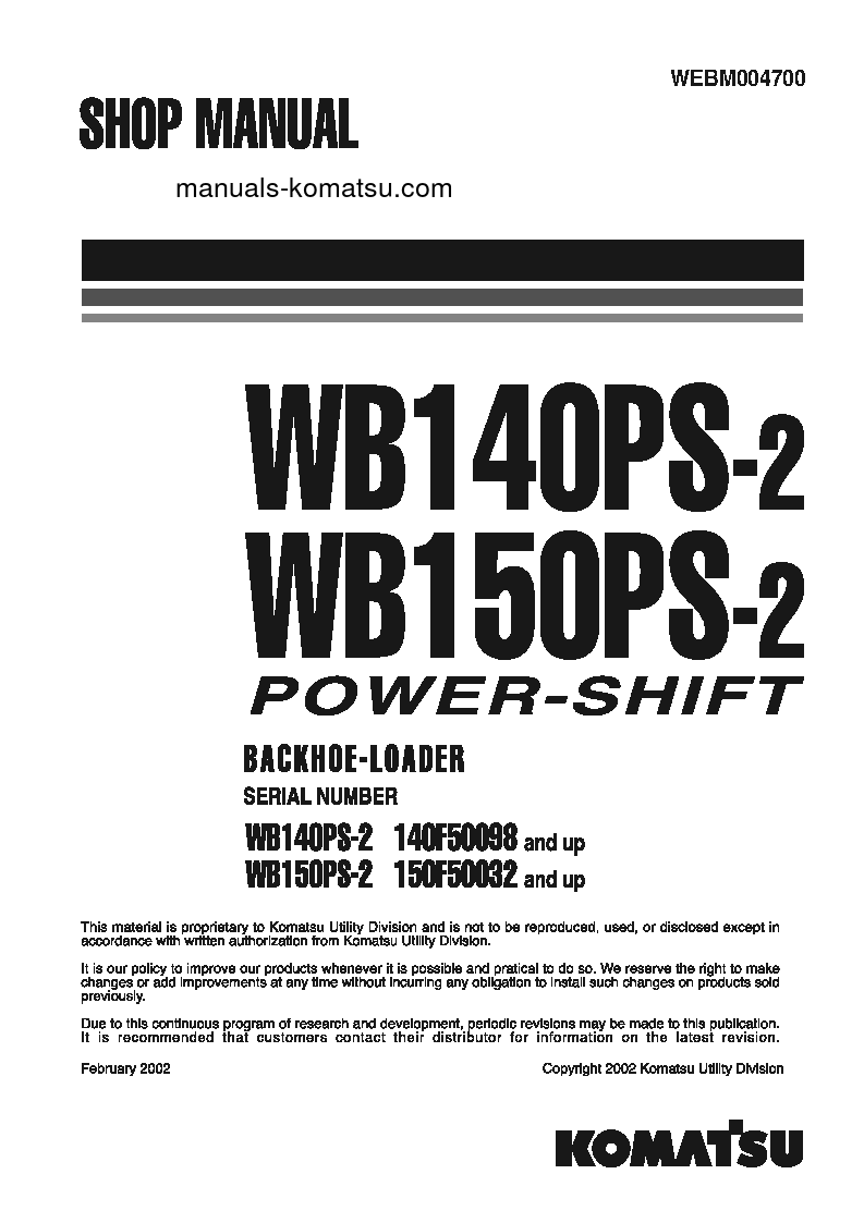 WB140PS-2(ITA) S/N 140F50098-UP Shop (repair) manual (English)