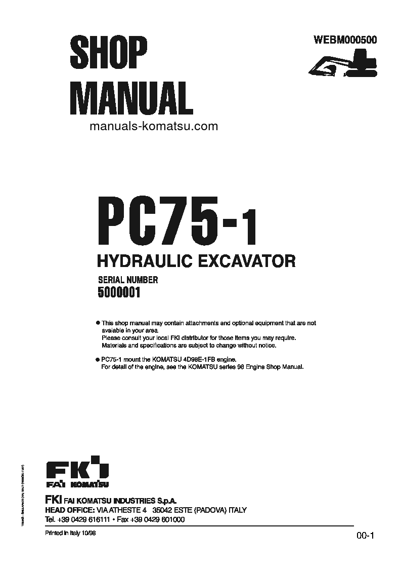 PC75-1(ITA) S/N 5000001-UP Shop (repair) manual (English)