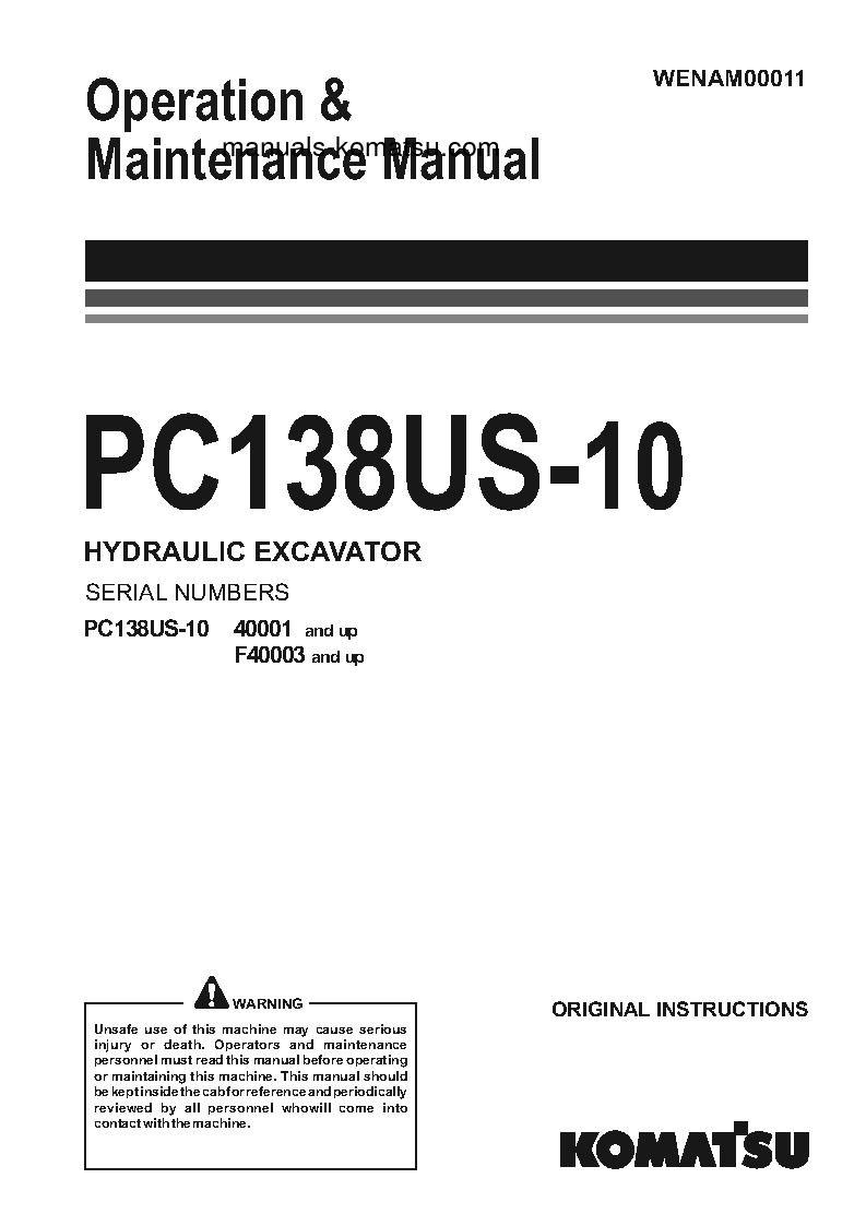PC138US-10(ITA) S/N 40001-UP Operation manual (English)