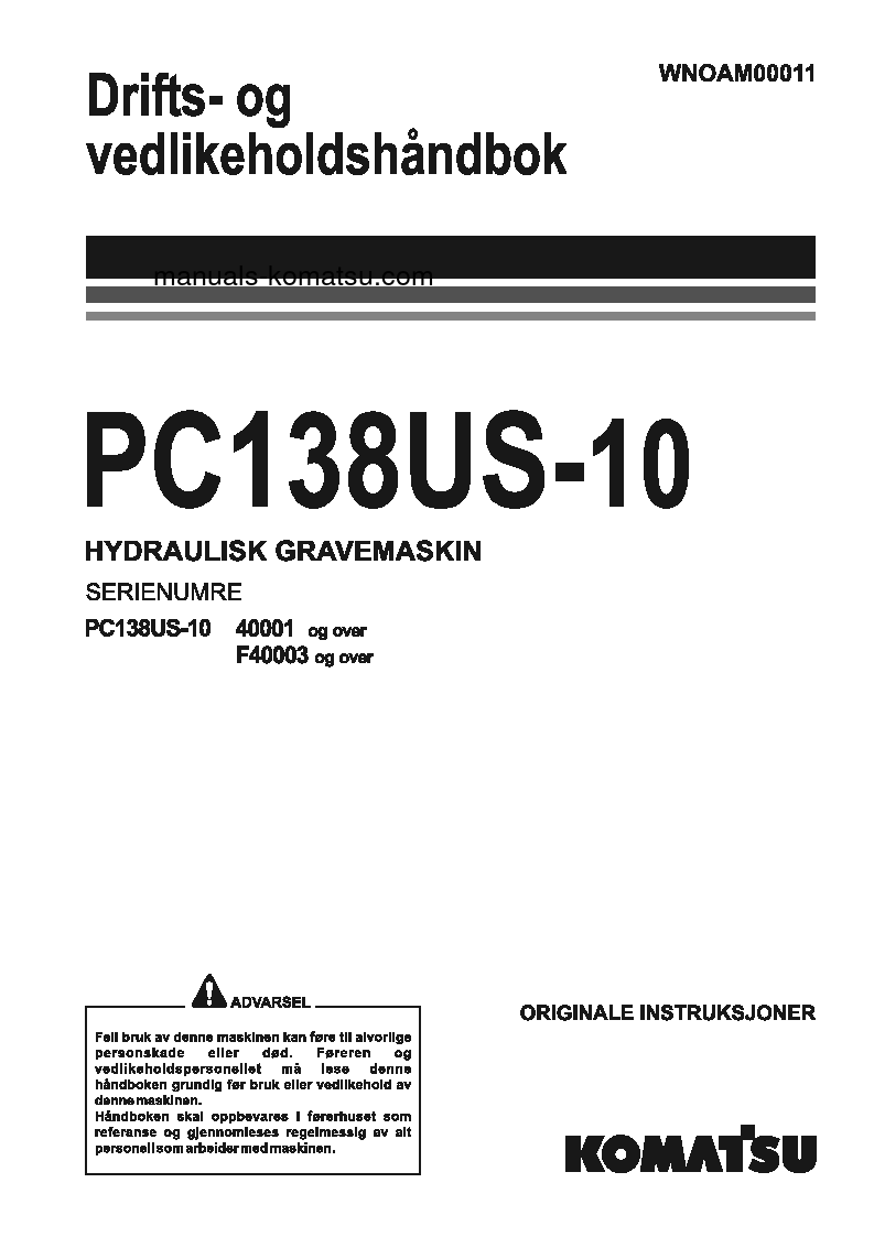 PC138US-10(ITA) S/N 40001-UP Operation manual (Norwegian)
