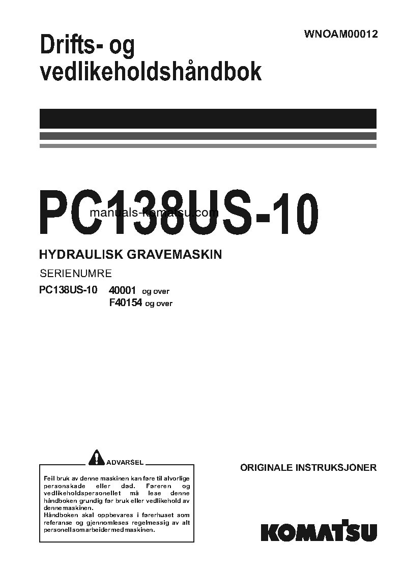 PC138US-10(ITA) S/N F40154-UP Operation manual (Norwegian)