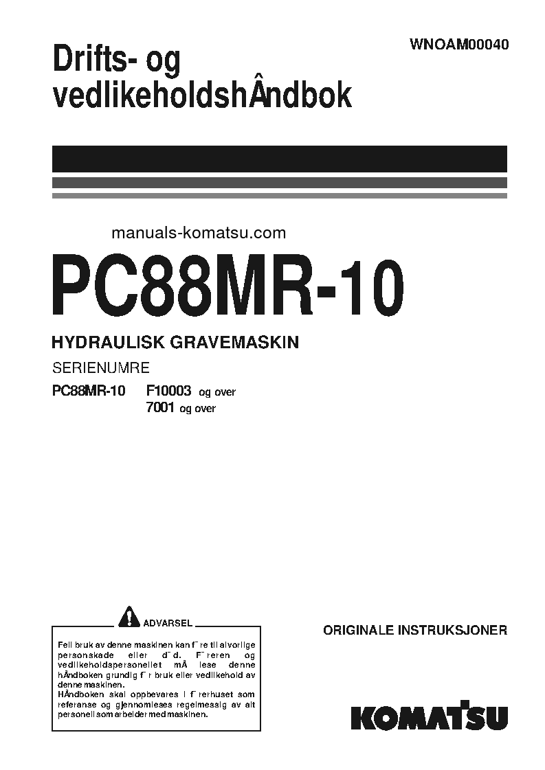 PC88MR-10(ITA) S/N F10003-UP Operation manual (Norwegian)