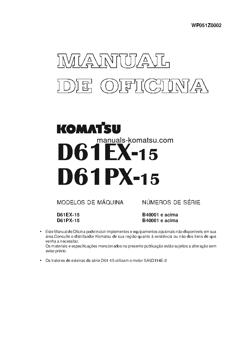 D61EX-15(BRA) S/N B40001-UP Shop (repair) manual (Portuguese)
