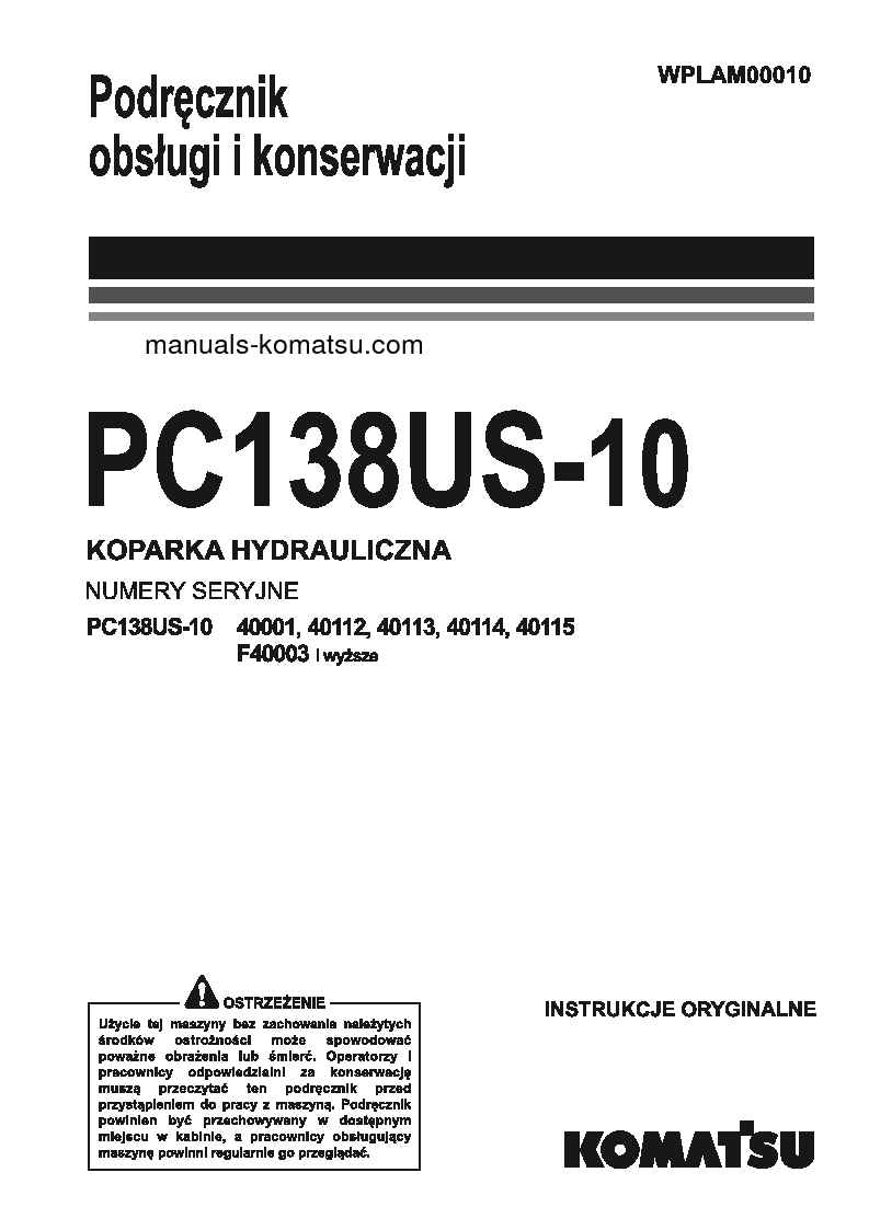 PC138US-10(ITA) S/N F40003-UP Operation manual (Polish)
