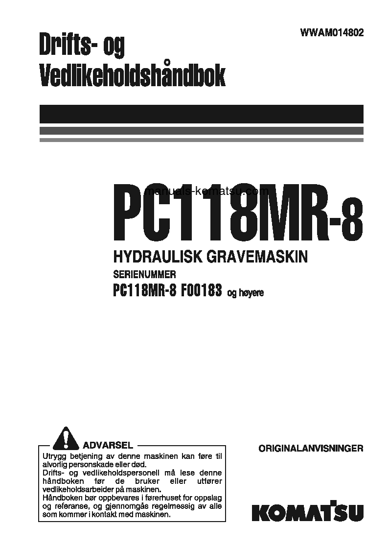 PC118MR-8(ITA) S/N F00183-UP Operation manual (Norwegian)