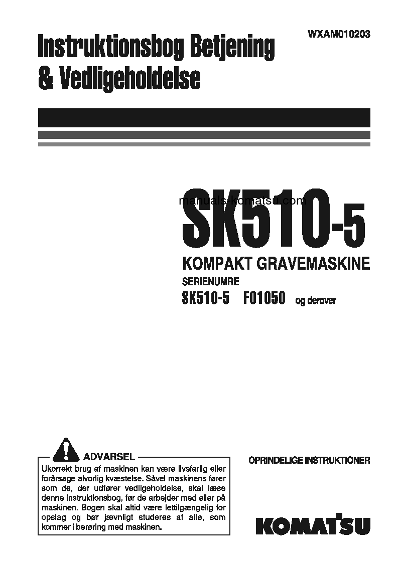 SK510-5(ITA) S/N F01050-UP Operation manual (Danish)