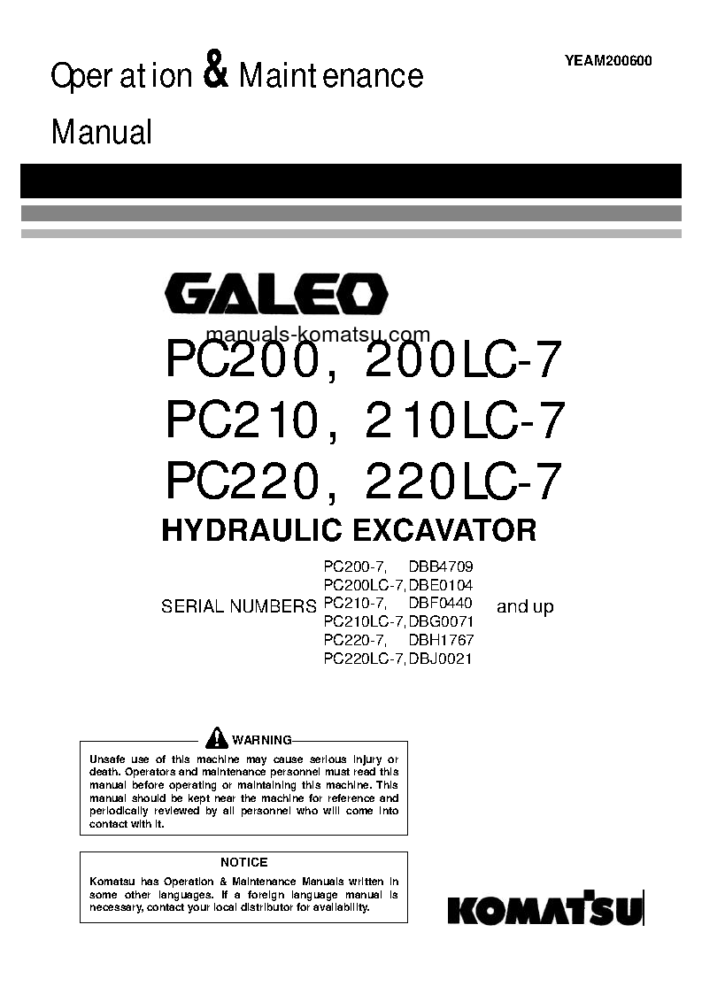 PC220LC-7(CHN)-MULTI-MONITOR S/N DBJ0021-UP Operation manual (English)